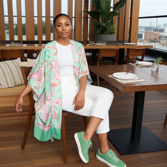 Woman sitting at a dining table in a modern indoor setting