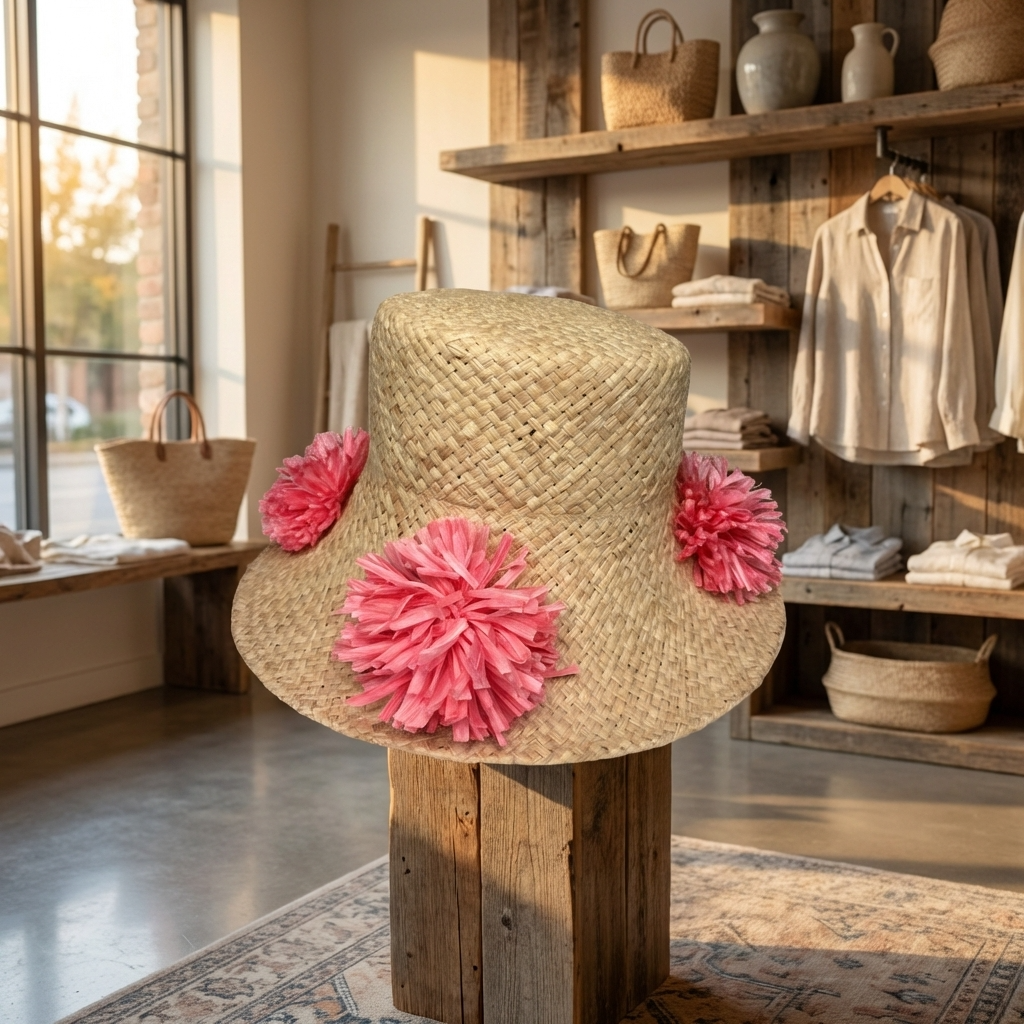 Natural Straw Hat with Pink Pom Pom Detail - Pink