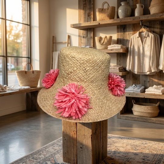 Natural Straw Hat with Pink Pom Pom Detail - Pink