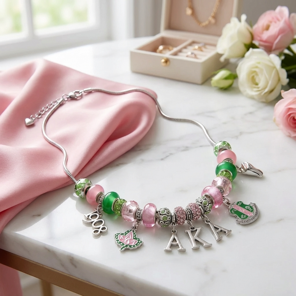 Alpha Kappa Alpha Charm Necklace – Pink and Green Sorority Jewelry