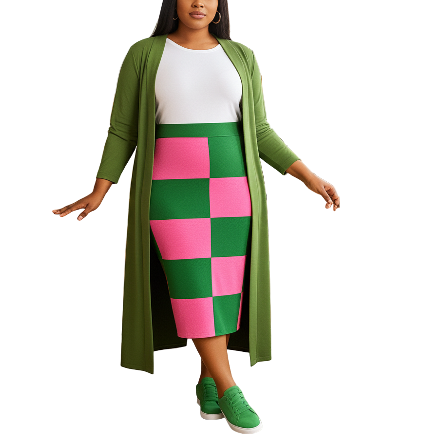 Woman in a green and pink checkered skirt with a white top and green cardigan in a restaurant setting.