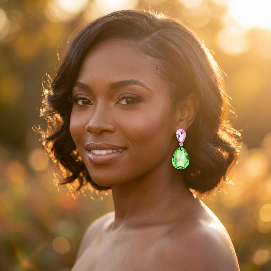 Woman wearing colorful earrings with a blurred natural background