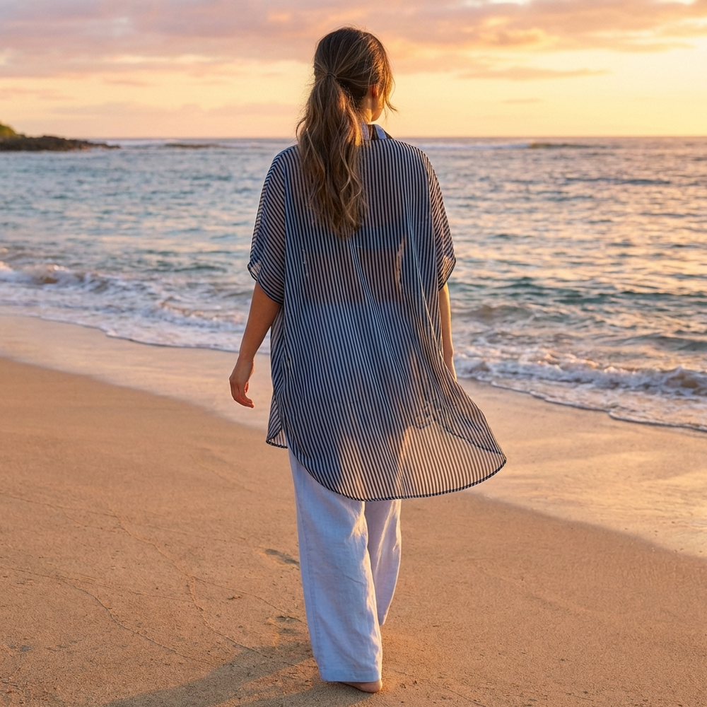 Flowy striped oversized viscose blouse with relaxed fit and lightweight drape