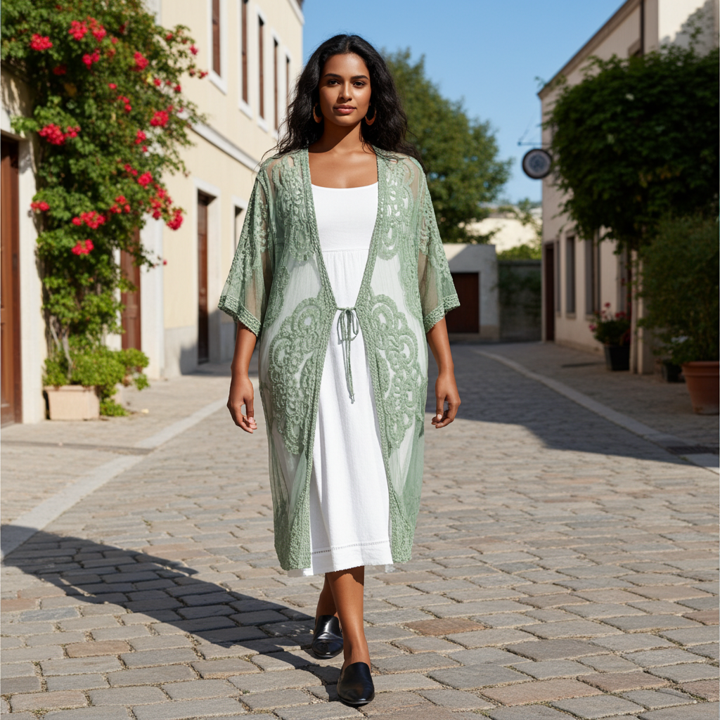 Woman wearing a green patterned kimono over a white dress on a sunlit street.