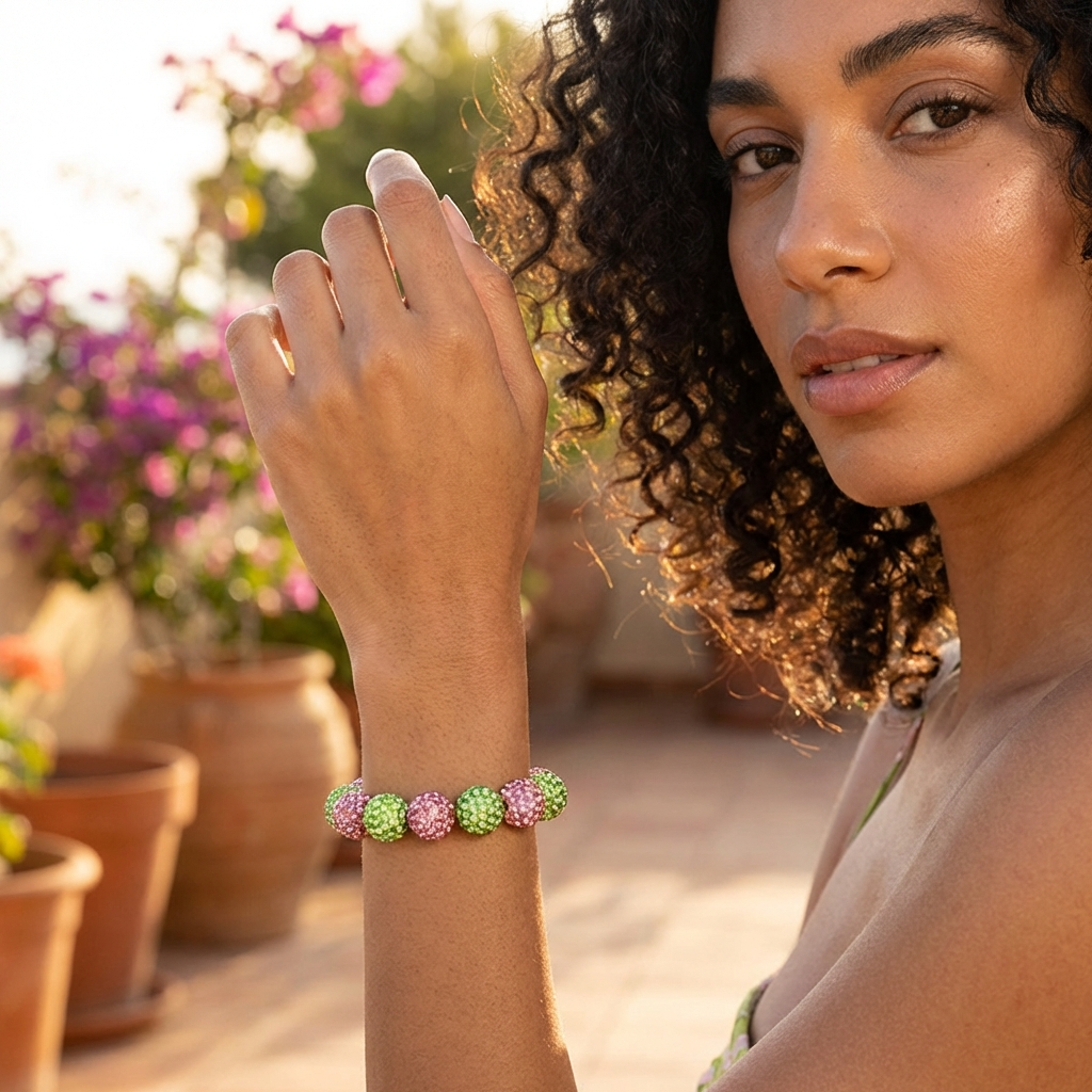 Rhinestone Pave Ball Stretch Bracelet – Pink & Green