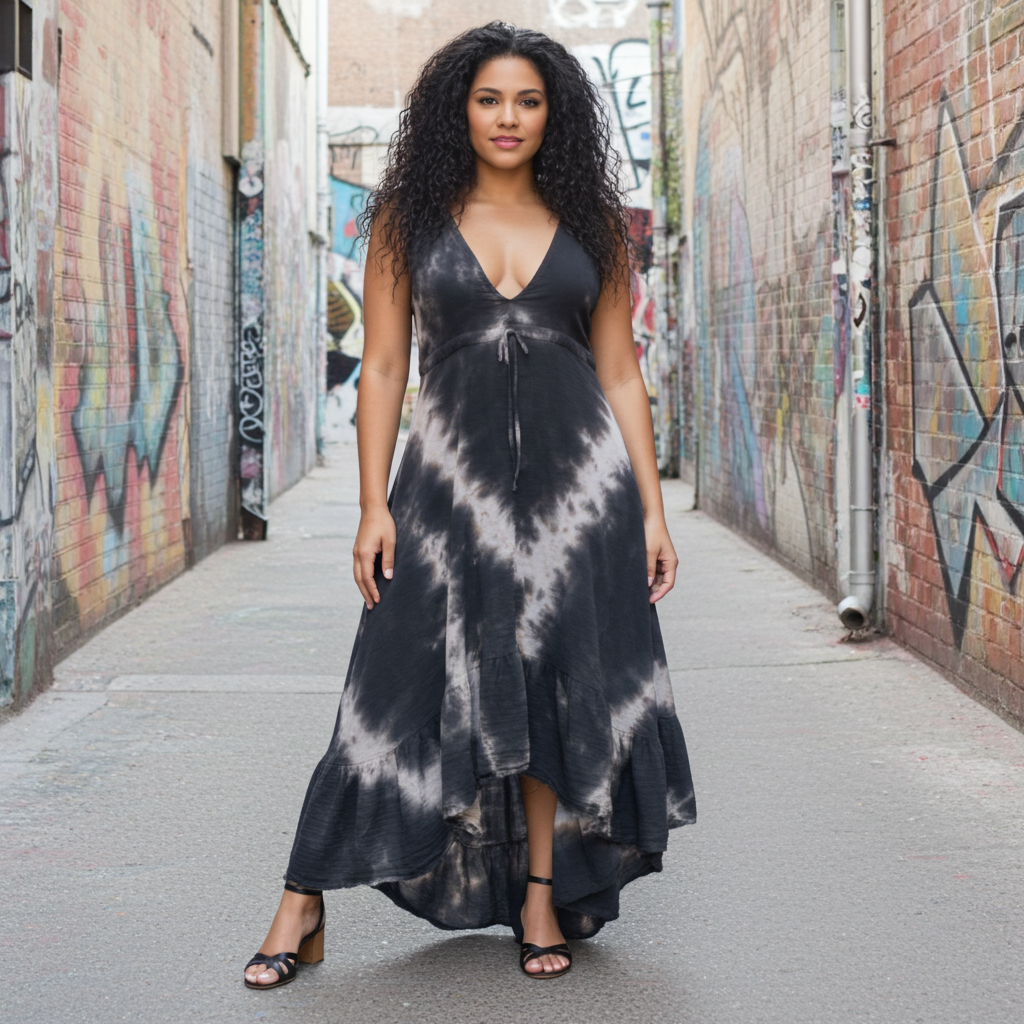 Woman wearing a tie-dye dress in an alley with graffiti walls.