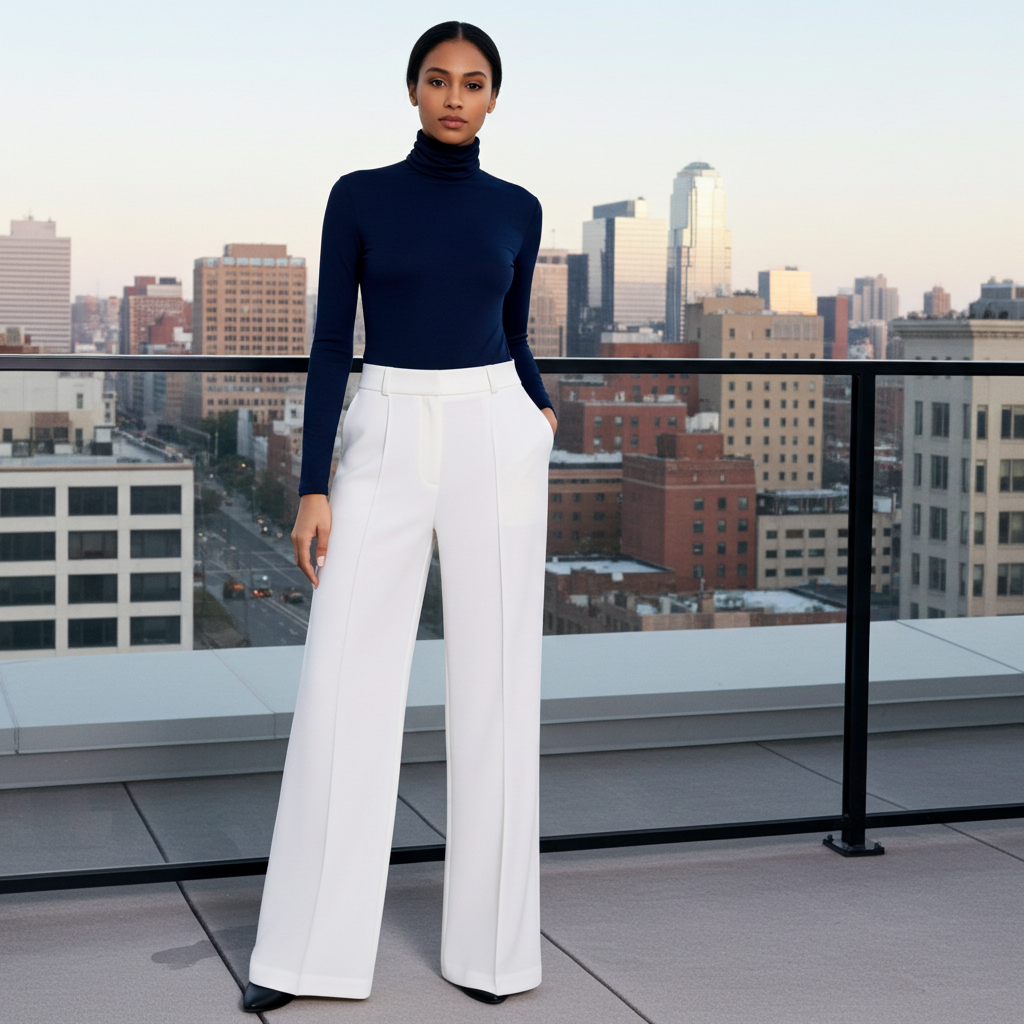 Woman in navy turtleneck and white pants standing on a rooftop with cityscape in the background