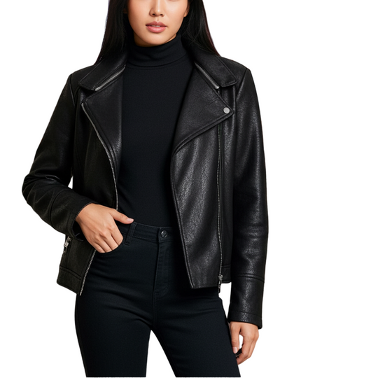 Woman in a black leather jacket standing on a city street at night with neon signs in the background