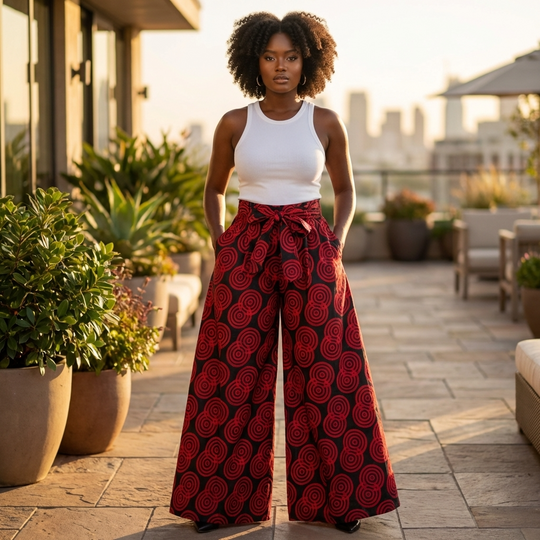 Black and red African print cotton palazzo pants with wide leg silhouette