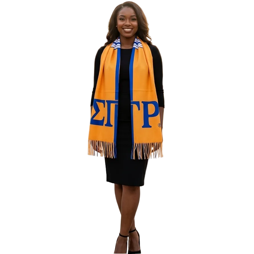Woman wearing a Sigma Gamma Rho scarf in front of a brick building