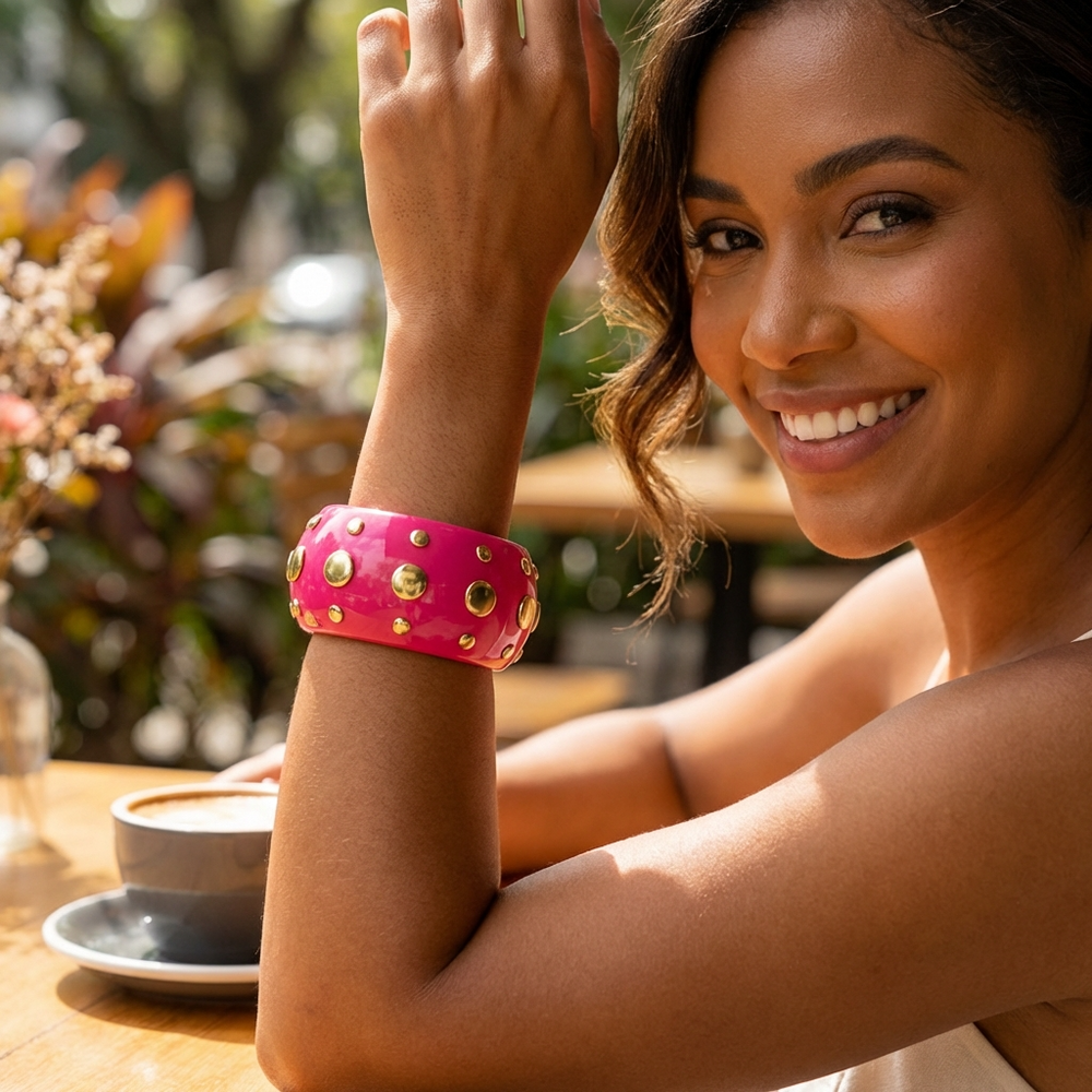 Bowie Bangle Bracelet – Colored Resin Cuff with Gold-Plated Studs - Pink