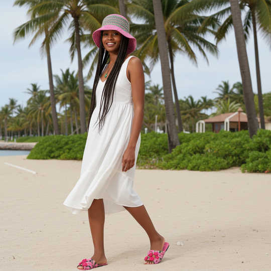 Sombrero de paja con rayas rosas y verdes