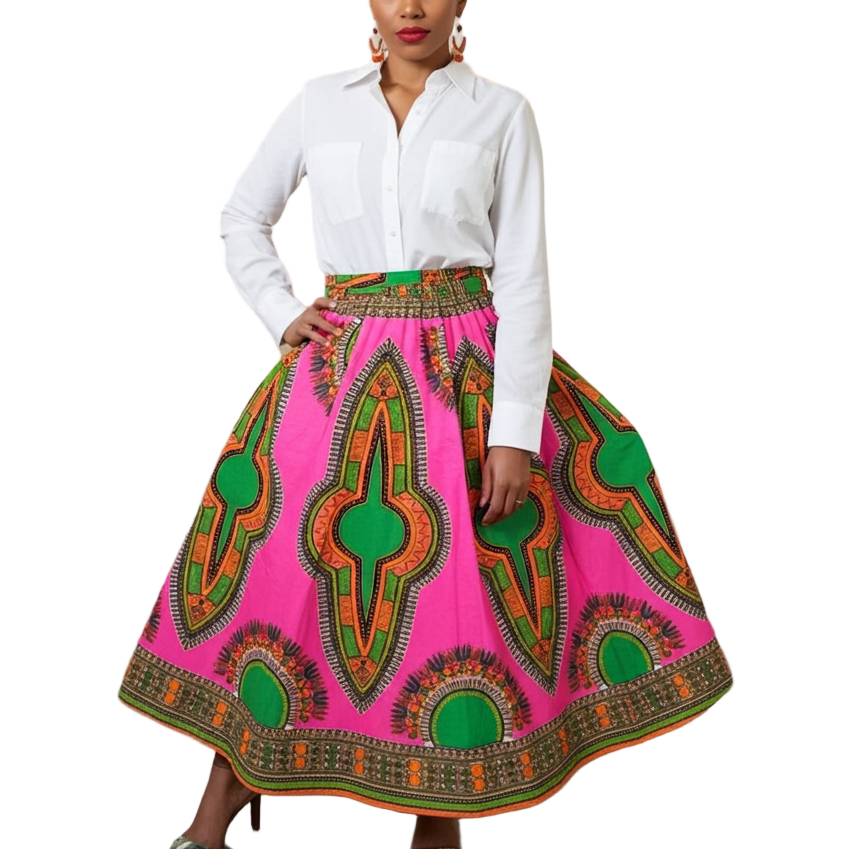 Woman in a white shirt and colorful skirt standing in an art gallery with paintings on the wall.