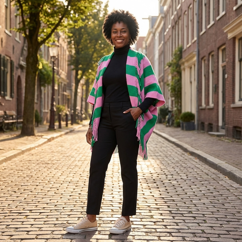 Woman wearing a colorful striped coat on a sunlit street.