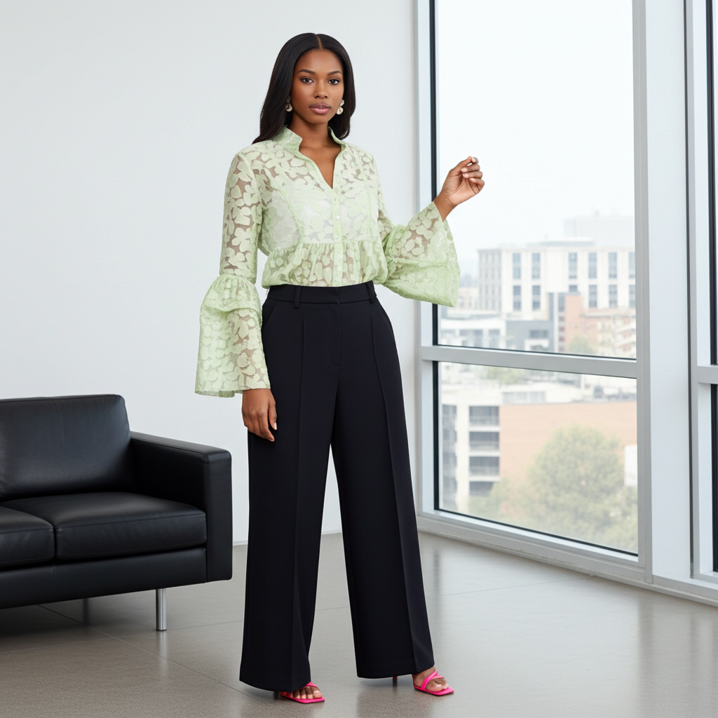 Woman in a light green blouse and black pants standing in a modern room with large windows.