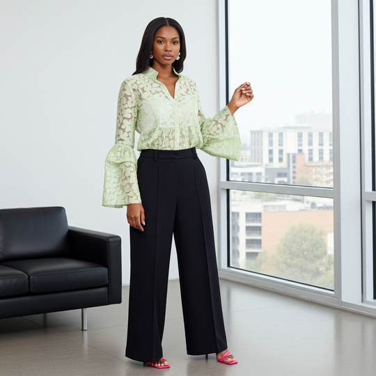 Woman in a light green blouse and black pants standing in a modern room with large windows.