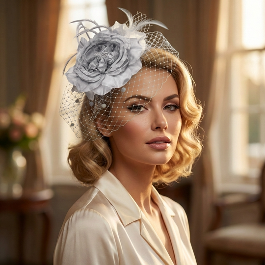 Haarschmuck Fascinator aus Seidenblumen und Schleier: Eisblau