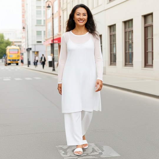 Tllly Top – Long Length Sheer Mesh Tunic | White