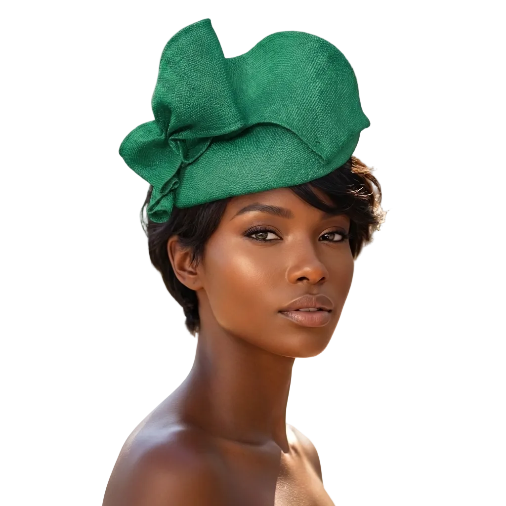 Woman wearing a green headpiece with a blurred outdoor background