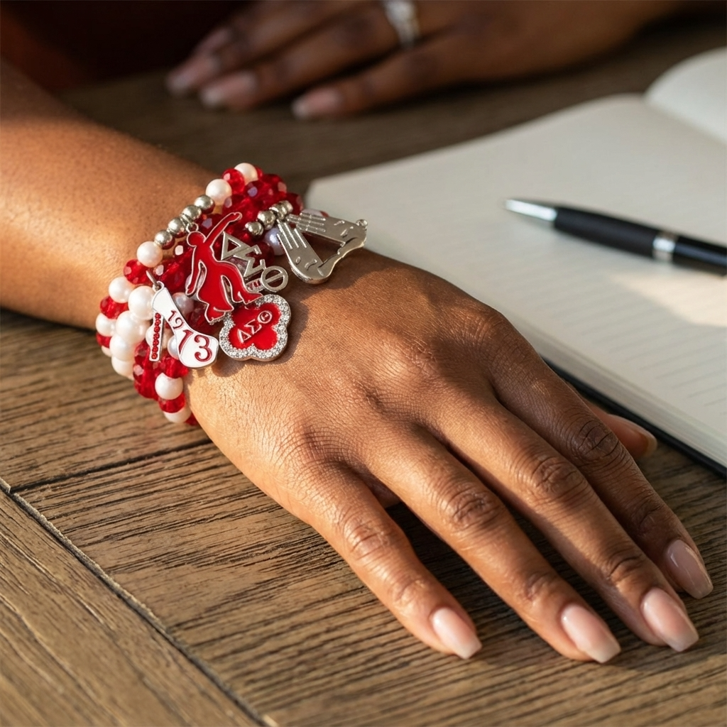 Hand wearing a red, white, and silver bracelet on a wooden surface with a pen and notebook.