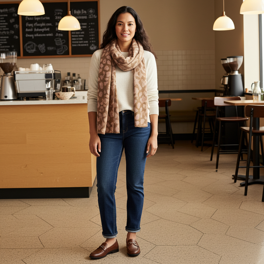 Woman standing in a coffee shop wearing a scarf and blue jeans.