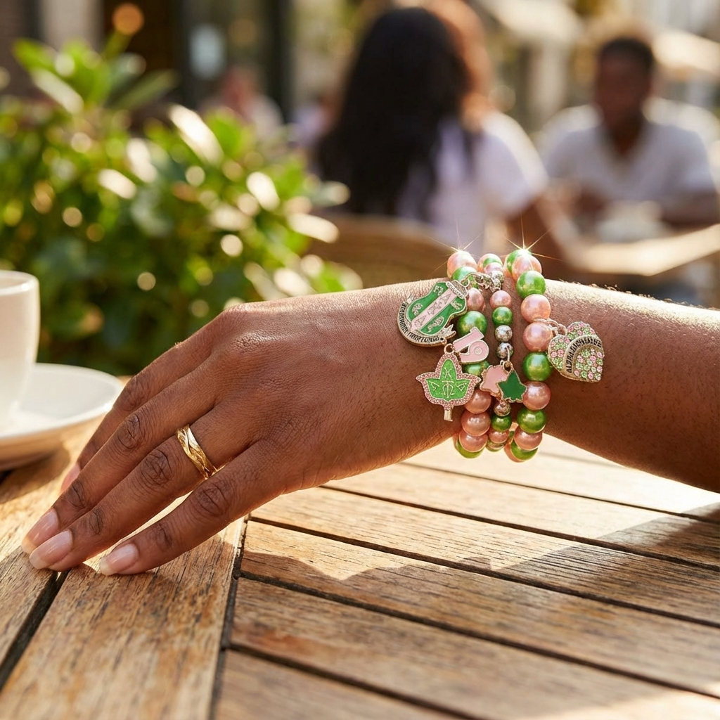Hand wearing multiple bracelets on a wooden table with blurred background