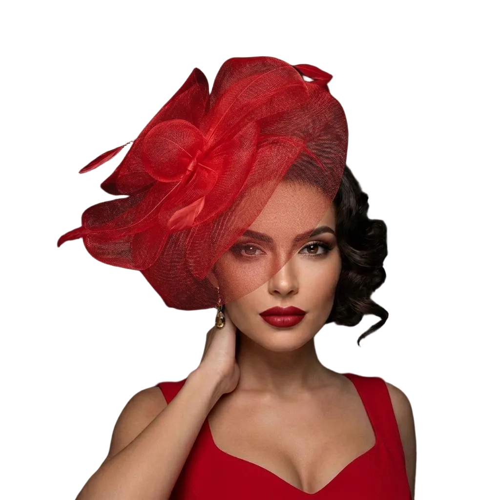 Woman wearing a red fascinator with a black background