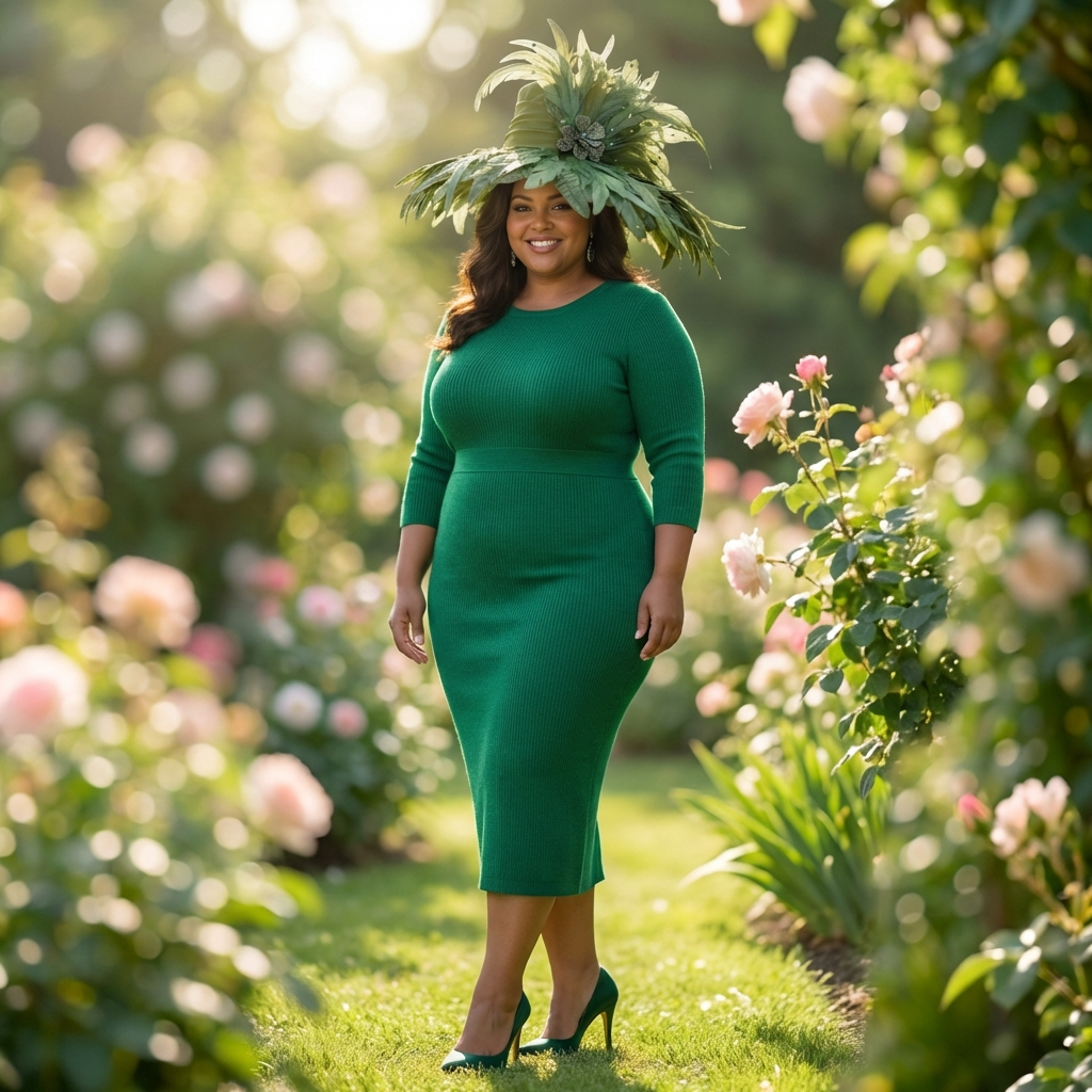 Woman in a green dress and hat standing in a garden with flowers and greenery.