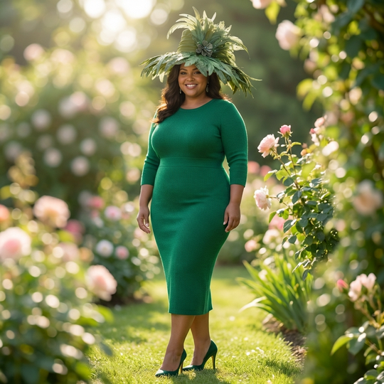 Woman in a green dress and hat standing in a garden with flowers and greenery.