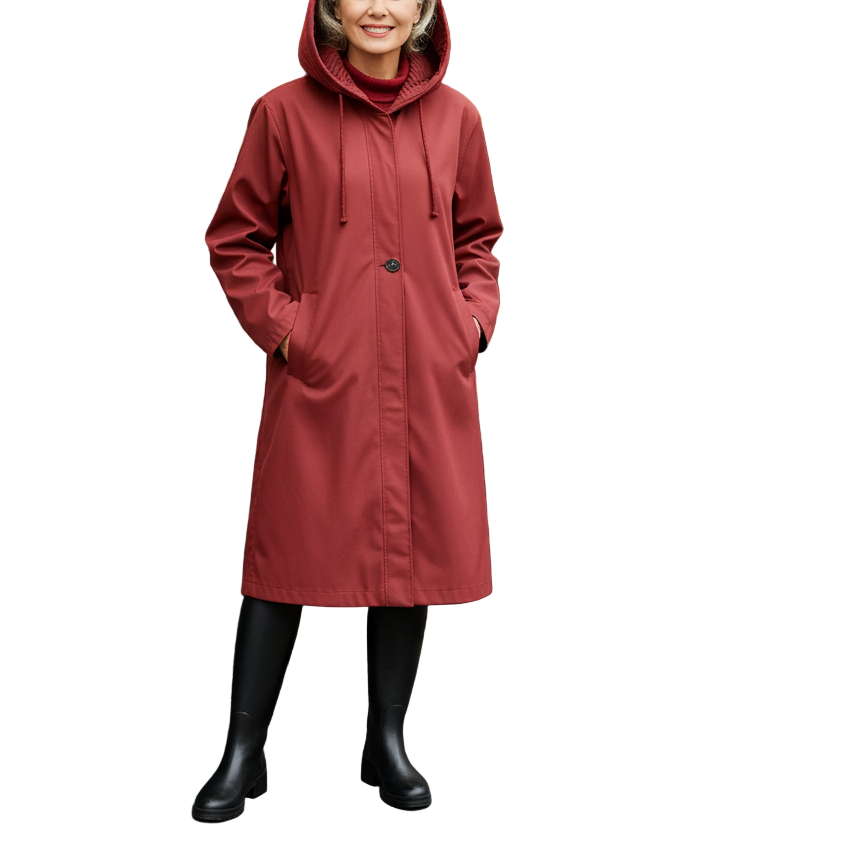 Woman wearing a red coat standing in front of a bookshelf.