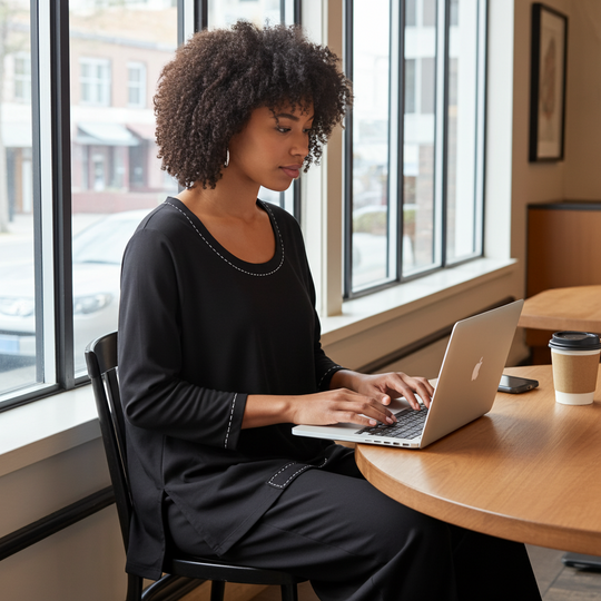Woman using a laptop at a table by large windows