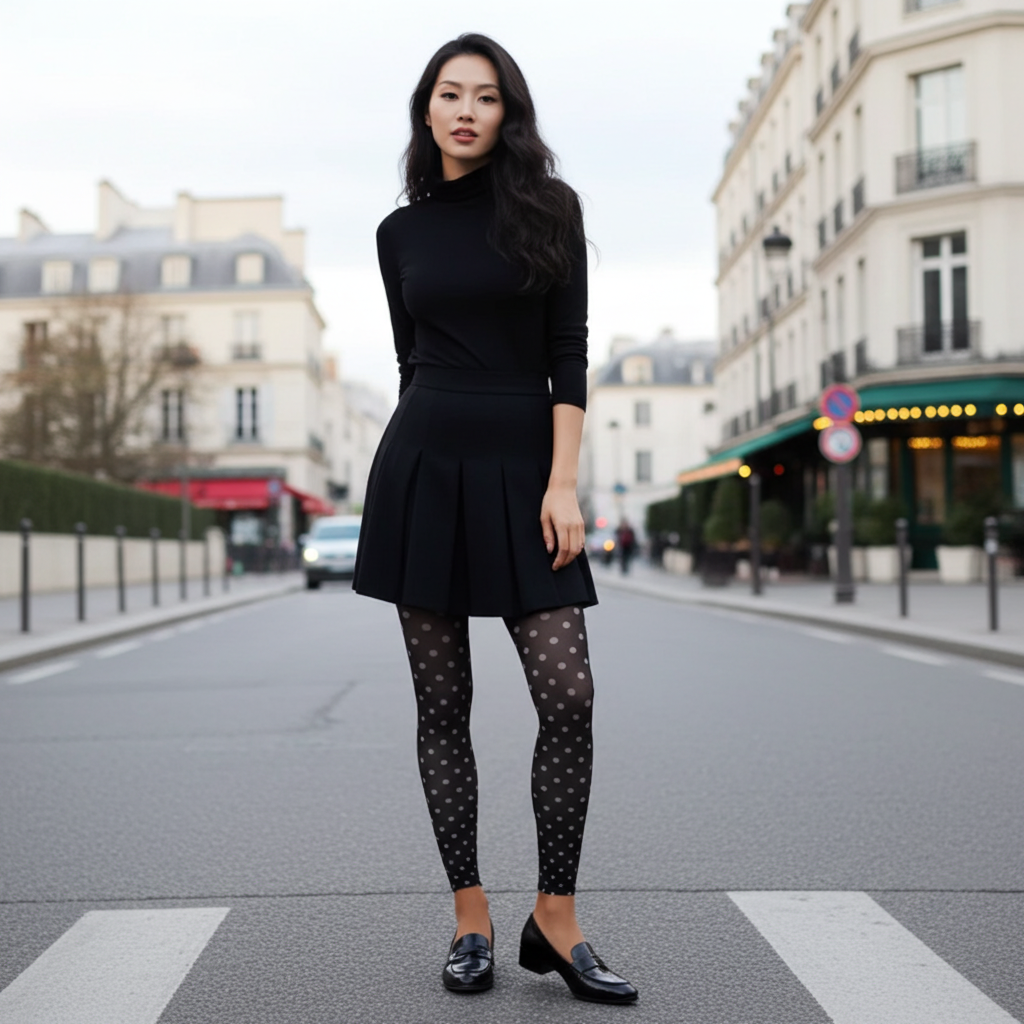 White & Black Dotted Footless Tights