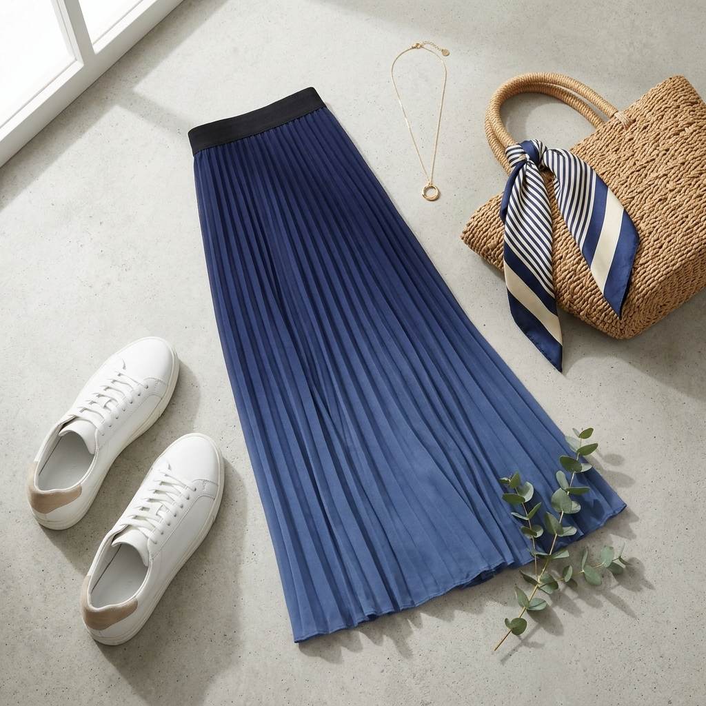 Midi Skirt Flared Pleated - Elastic Waist