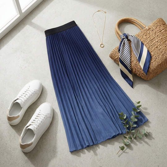 Midi Skirt Flared Pleated - Elastic Waist