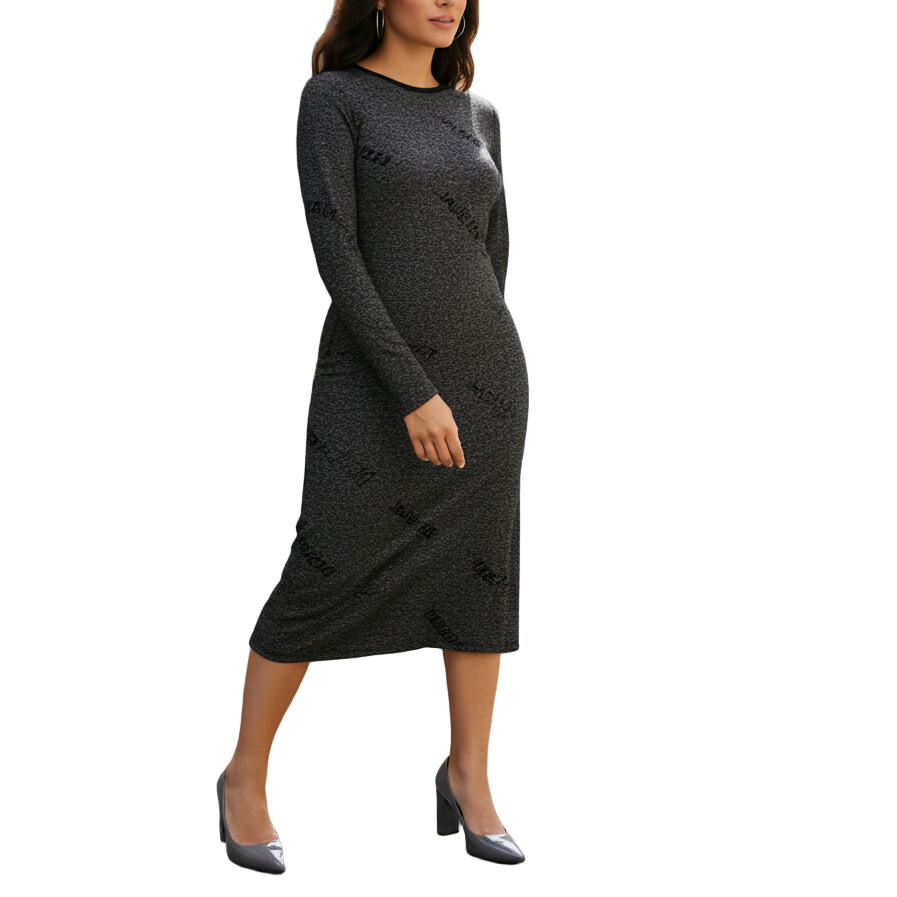 Woman in a black dress standing on a street with buildings in the background