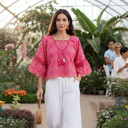 Woman in a pink blouse and white pants standing in a greenhouse with plants and people in the background.