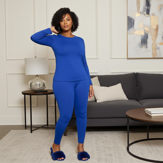 Woman in a blue outfit standing in a living room.