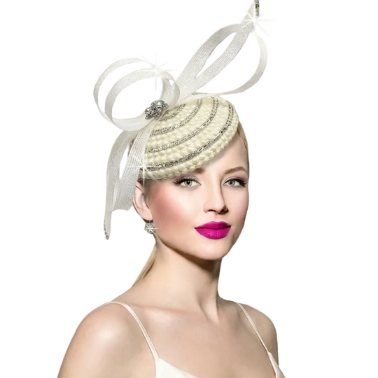 Woman wearing a decorative headpiece with a blurred indoor background