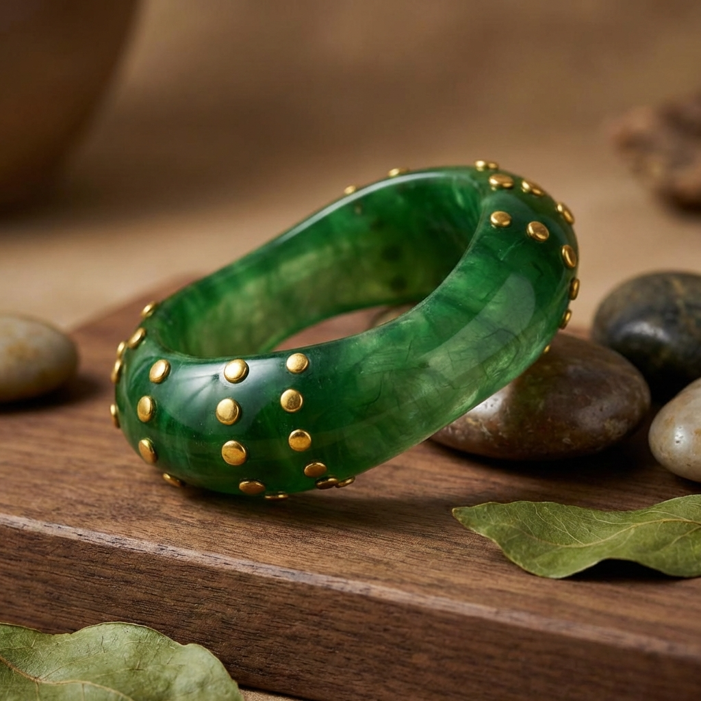 Bindi Bangle Bracelet – Colored Resin Cuff with Gold-Plated Studs - Green