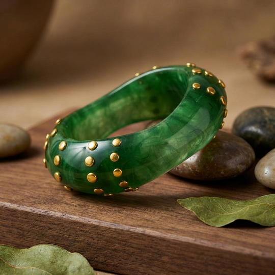 Bindi Bangle Bracelet – Colored Resin Cuff with Gold-Plated Studs - Green