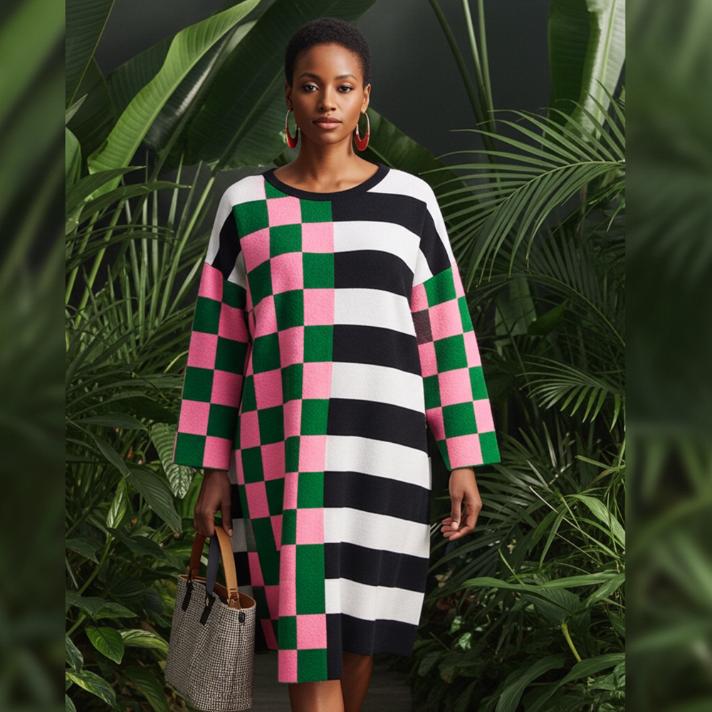 Woman wearing a colorful checkered dress standing among green foliage