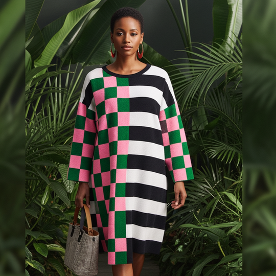 Woman wearing a colorful checkered dress standing among green foliage