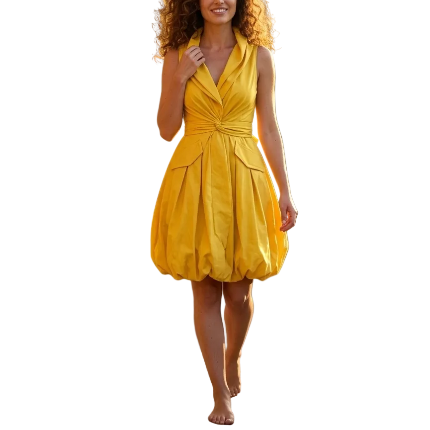 Woman in a yellow dress walking on a stone path in a garden setting