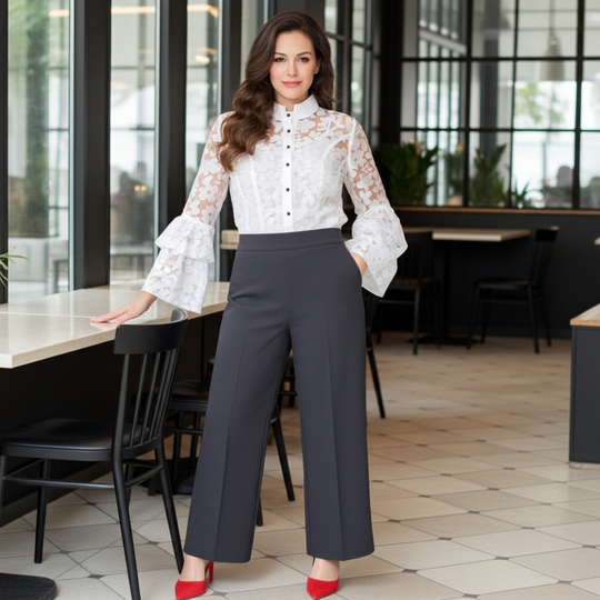 Woman in a white blouse with lace details and gray pants standing in a modern cafe.