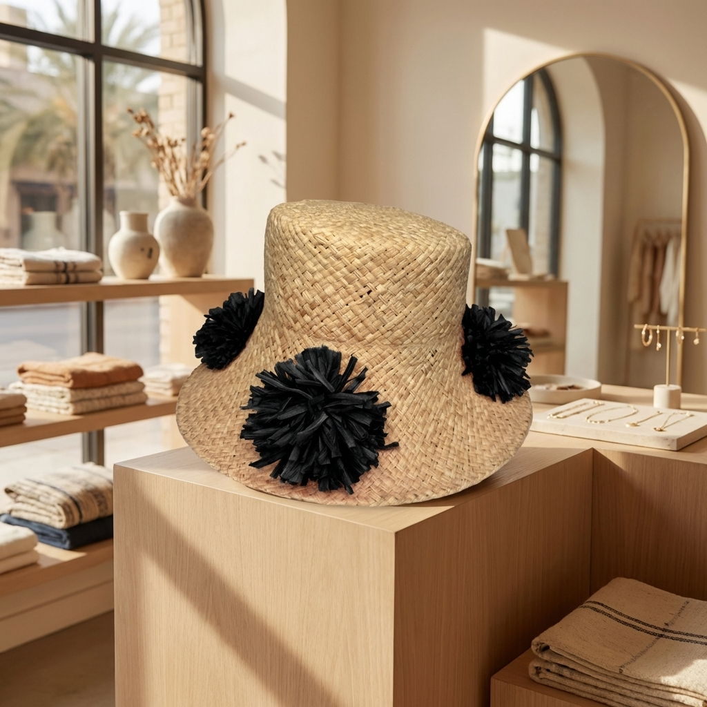 Natural Straw Hat with Black Pom Pom Detail