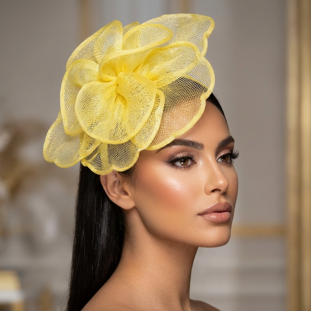 Woman wearing a yellow floral headpiece against a neutral background