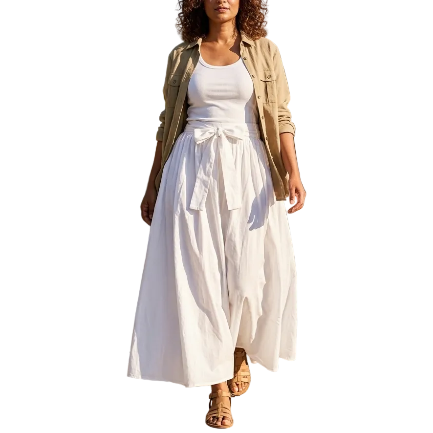 A woman walks down a sunlit stone path in a garden, wearing a white sleeveless maxi dress with a tied waist, an open tan overshirt, and tan heeled sandals.
