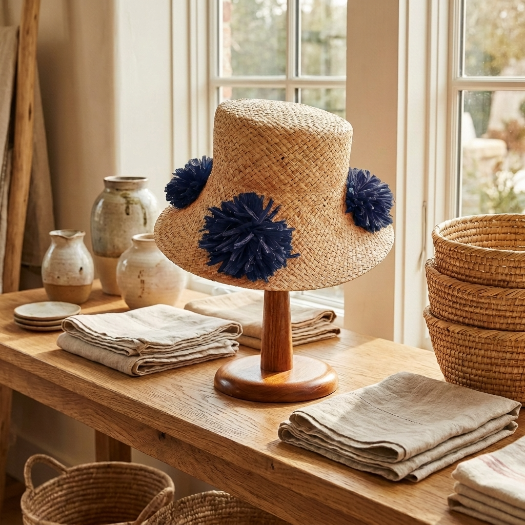 Natural Straw Hat with Navy Blue Pom Pom Detail