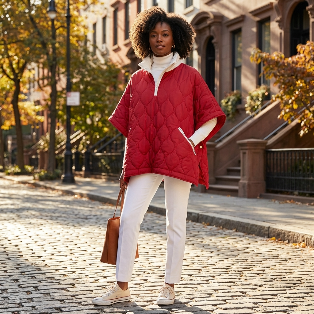 Woman wearing a red quilted jacket on a street with brownstones in the background
