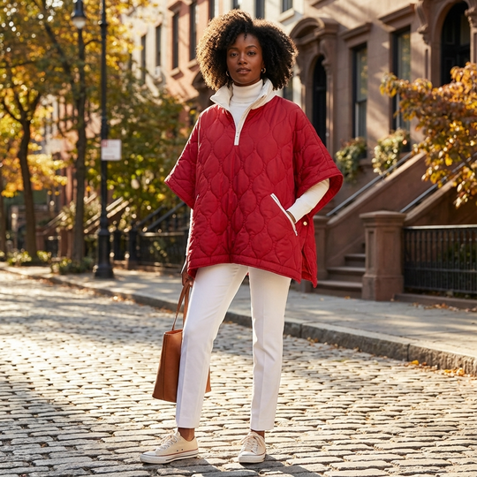 Woman wearing a red quilted jacket on a street with brownstones in the background